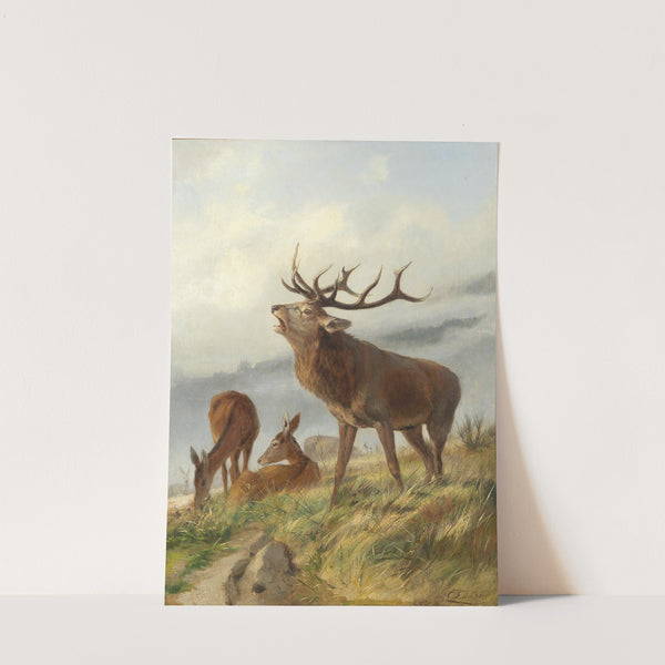 Röhrender Hirsch mit Hirschkühen by Carl Friedrich Deiker