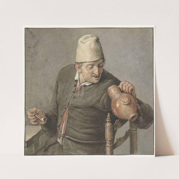 Roker, kijkend in een kruik (1670 - 1750) by Cornelis Dusart