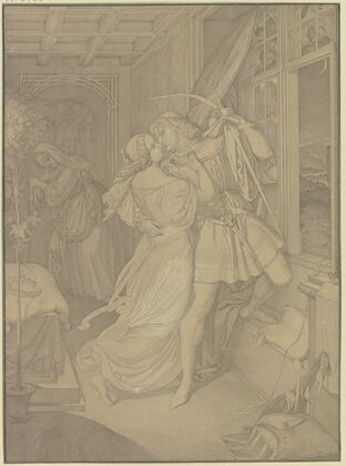 Romeo im Zimmer der Julia steigt zum Fenster hinaus