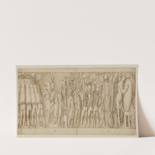 Romerne angriber en germansk fæstning; tale for tropperne ved afslutningen på den germanske krig; Victoria omgivet af krigsbytte, nedskriver Roms sejr på et skjold by Giovanni Guerra