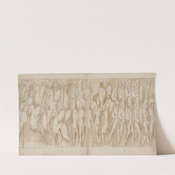 Romersk kavaleri; et afhugget hoved af Guerra fortolket som en fange og en germansk fange fremføres for kejseren; romere rykker frem by Giovanni Guerra