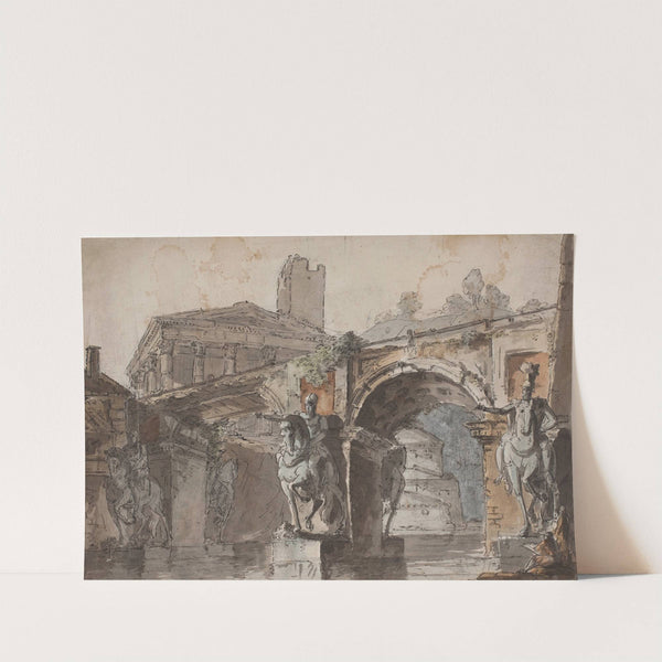 'Romersk' prospekt med bro, tempelruin og rytterstatue by Jens Petersen Lund