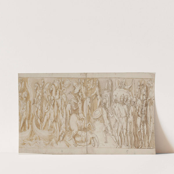 Romerske soldater krydser en flod i både; en kæmpende romersk soldat; romerske vagter fremfører tilfangetagne barbarer for kejseren; påbegyndelsen af en march by Giovanni Guerra