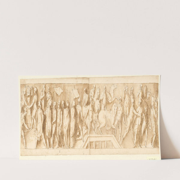 Romerske soldater opfører en lejr; en meddelelse gives; romere krydser en flod over en pontonbro; kvinder tages til fange by Giovanni Guerra