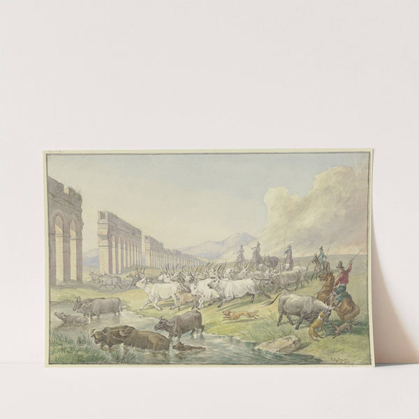 Römische Bauern treiben eine Herde Ochsen und Büffel durchs Wasser by Johann Erdmann Gottlieb Prestel