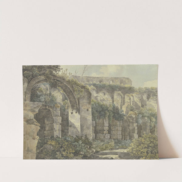 Römische Ruinen mit großem Bogen und hohen Mauern, von Pflanzen überwuchert by Jakob Philipp Hackert