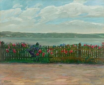 Rose fence with view of the Berg Castle at Lake Starnberg
