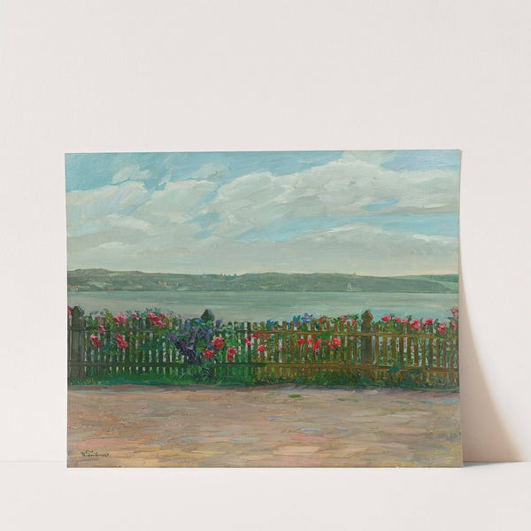 Rose fence with view of the Berg Castle at Lake Starnberg by Wilhelm Trübner