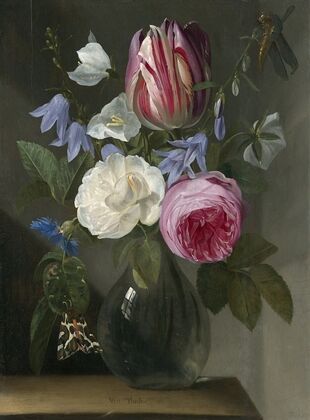 Roses and a Tulip in a Glass Vase