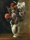 Roses, foxgloves, peonies, carnations and lilies, in a majolica vase