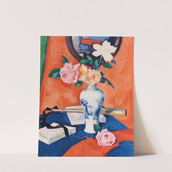 Roses in a vase against an orange background by Samuel John Peploe
