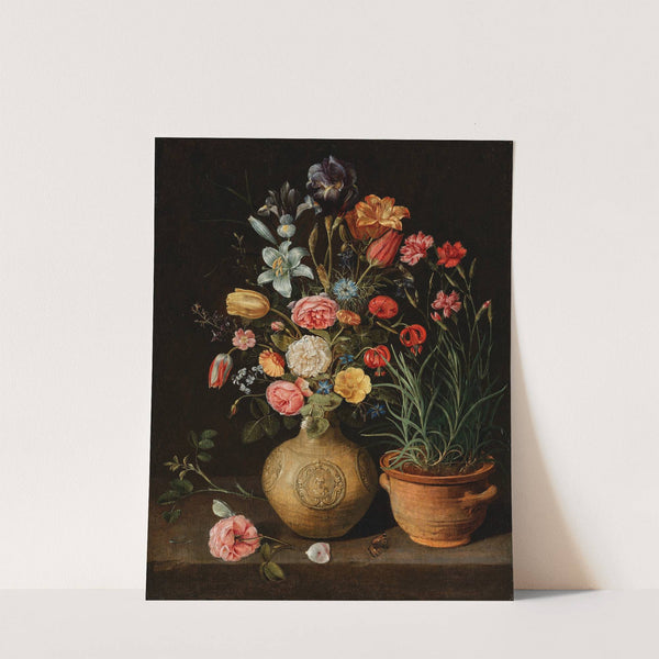 Roses, lilies, an iris and other flowers in an earthenware vase, with a pot of carnations and a butterfly on a ledge (1612) by Clara Peeters