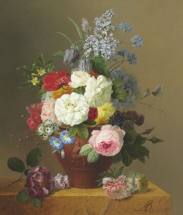 Roses, Poppies, Cornflowers, Convulvulus, Jasmine, Fritilleries, a Primula, a Peony, and Lilac in a terracotta Vase with a Sprig of Roses and other Flowers on a Stone Ledge