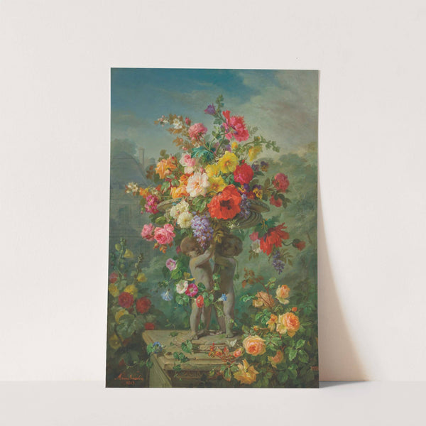 Roses, Poppies, Hollyhocks, Pansies and Wisteria in a stone urn supported by putti on a plinth by Marius Vasselon