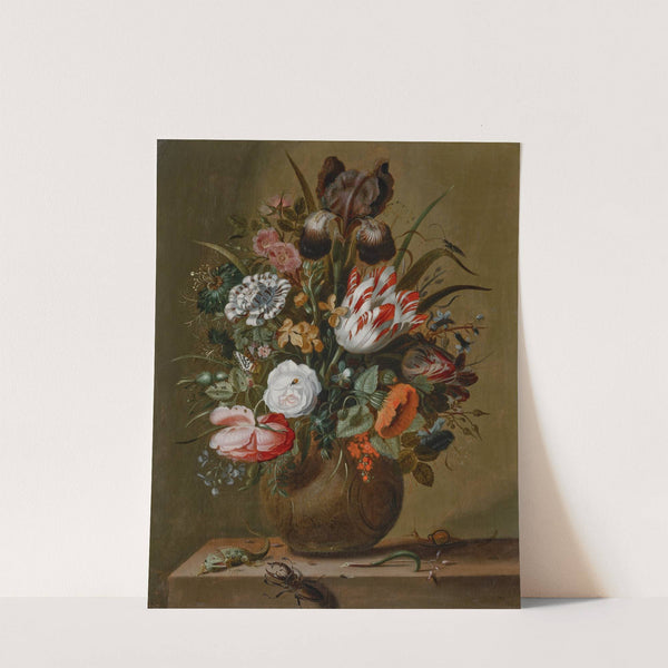 Roses, tulips, an iris and other flowers in a stoneware vase on a ledge with a lizard, stag beetle and snail (1644) by Jacob Marrel