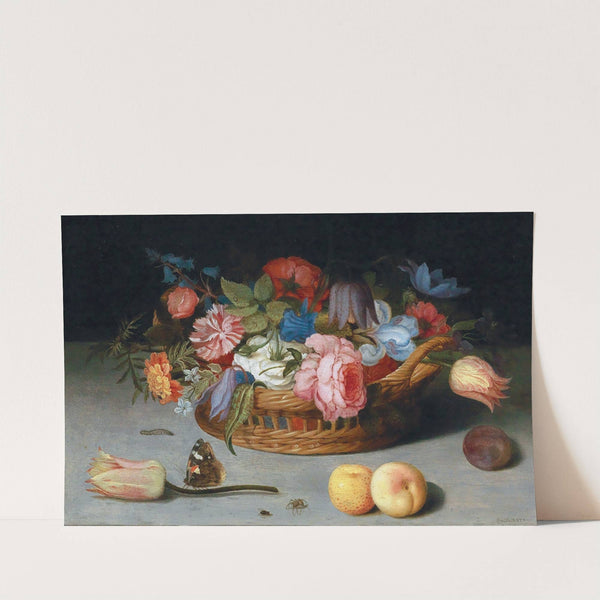 Roses, Tulips, Irises And Other Flowers In A Wicker Basket, With Fruit And Insects On A Ledge by Balthasar van der Ast