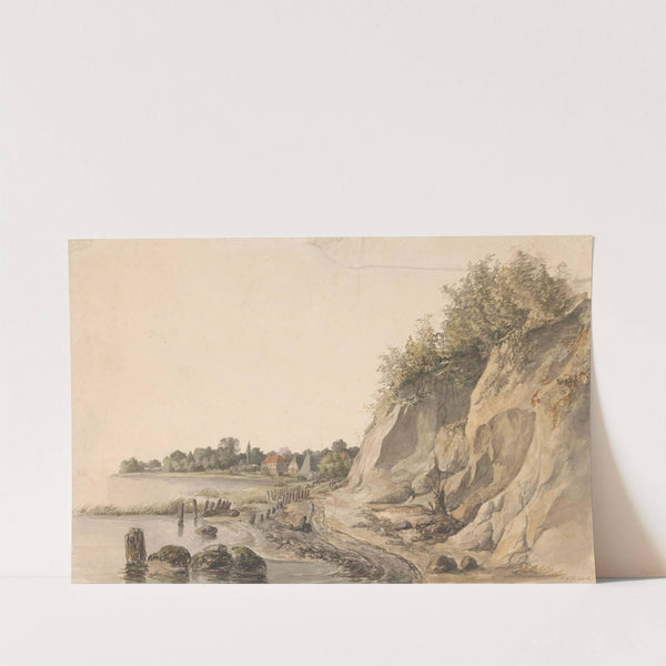 Rotsachtige rivieroever, met op de achtergrond enkele huizen by Petrus Johannes Schotel