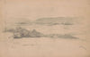 Rough sketch of landscape with hills, fields, trees, and the roof of a house (1850)
