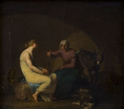 Røverbandens husholderske trøster den unge pige ved at fortælle myten om Amor og Psyche. Motiv fra Apulejus, Det gyldne æsel (1808)