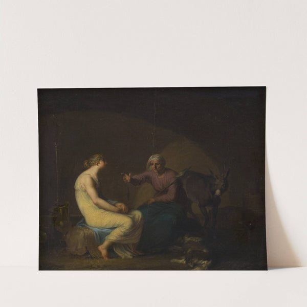 Røverbandens husholderske trøster den unge pige ved at fortælle myten om Amor og Psyche. Motiv fra Apulejus, Det gyldne æsel (1808) by Nicolai Abildgaard
