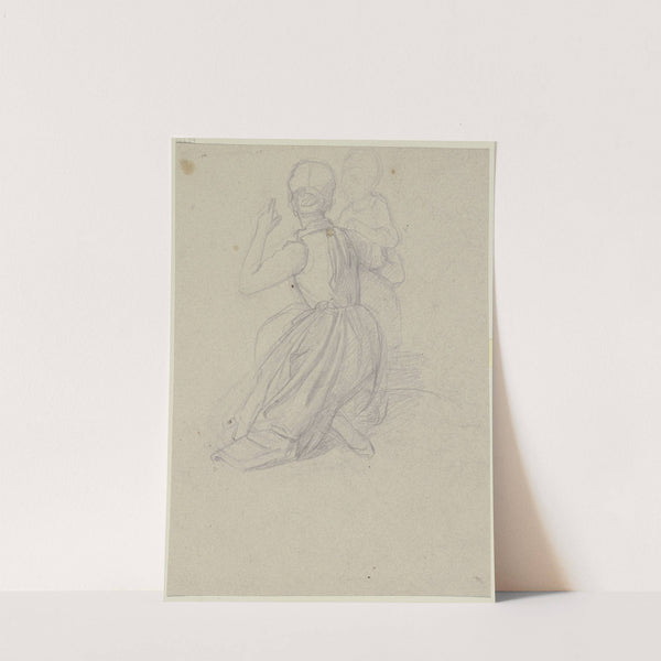 Rückenansicht eines knienden jungen Mädchens mit Kind by Jakob Becker