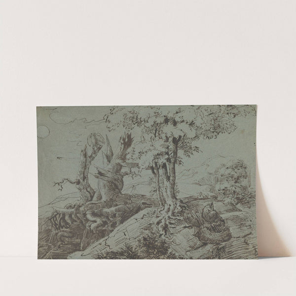 Rugged Moonlit Landscape with a Woman Seated by Gnarled Tree Roots, and an Owl by Ludwig Emil Grimm