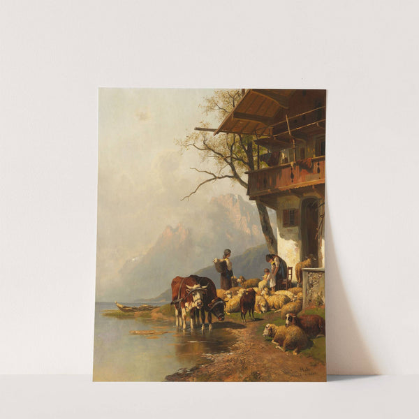 Ruhende Schafsherde vor dem Haus am Bergssee (1885) by Christian Friedrich Mali