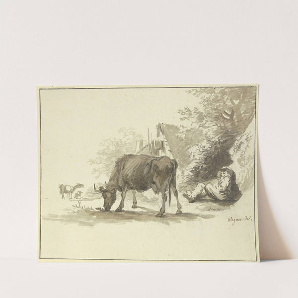 Ruhender Hirt mit einer Kuh vor einem Haus by Johann Georg Wagner