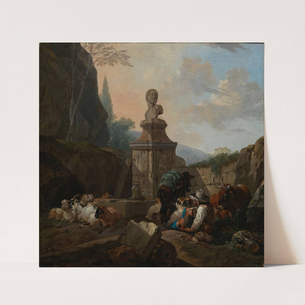 Ruhender Hirt und Herde an römischem Brunnen (ca 1670) by Johann Heinrich Roos