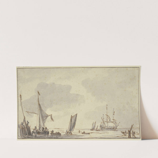 Ruhige See mit Schiffen, links eine Signalstange by Ludolf Backhuysen