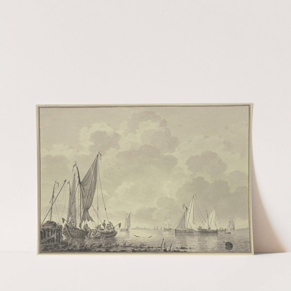 Ruhige See mit vielen Schiffen, links an einem Damm eine Barke und Boot, rechts eine Barke by Cornelis de Grient