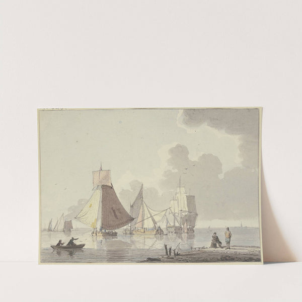 Ruhige See mit vielen Schiffen, links ein Boot mit zwei Mann, rechts am Ufer sitzt ein Matrose auf einem Korb, ein anderer steht vor ihm by Hendrik Kobell