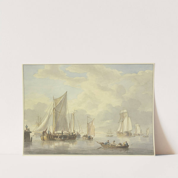 Ruhige See mit vielen Schiffen, vorne ein Boot mit drei Ruderern und einer Frau by Martinus Schouman