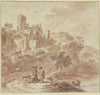 Ruine einer Villa, vorne am Weg drei Leute und ein Hund
