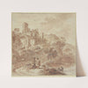 Ruine einer Villa, vorne am Weg drei Leute und ein Hund by Adriaen van der Cabel