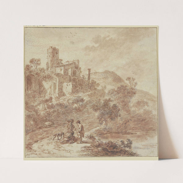 Ruine einer Villa, vorne am Weg drei Leute und ein Hund by Adriaen van der Cabel