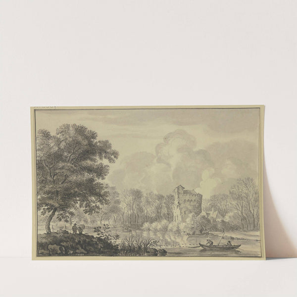 Ruine eines alten Turmes an einem Wasser, auf welchem mehrere Fischerkäne sind by Aernout Ter Himpel