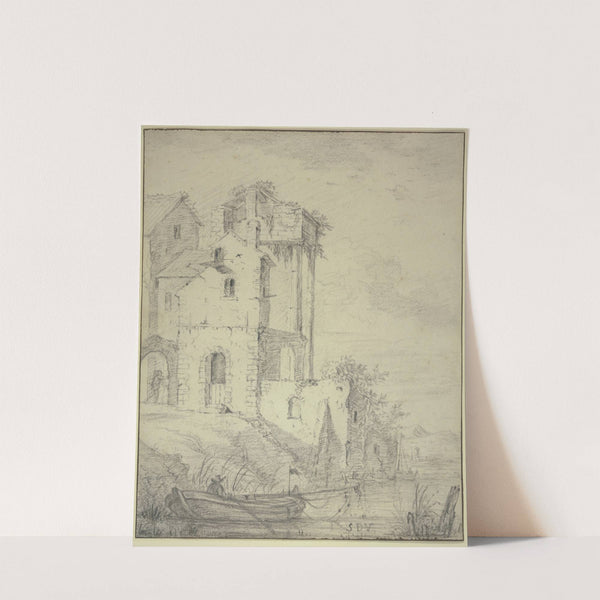 Ruinen am Wasser, vorn ein Kahn mit einem Ruderer by Simon de Vlieger