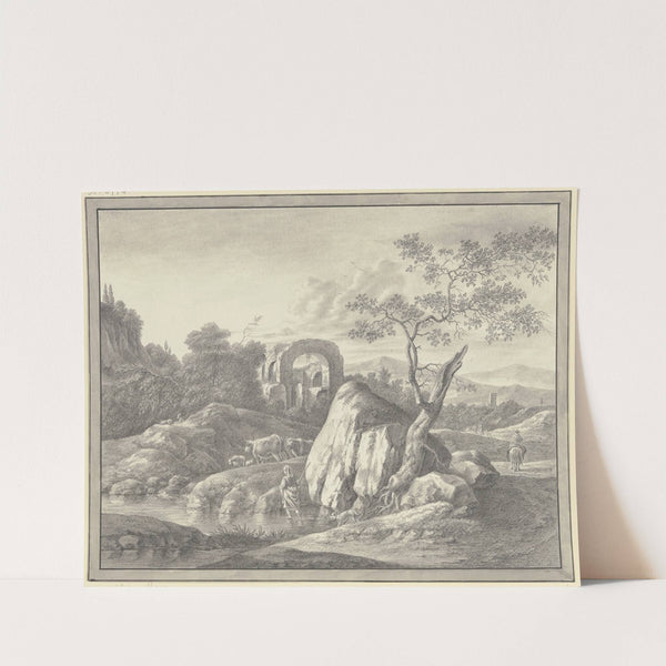 Ruinenlandschaft bei einem großen Felsen by Johann Friedrich Morgenstern