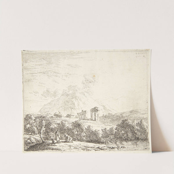 Ruinlandskab med to mænd og en hund by Karel Dujardin