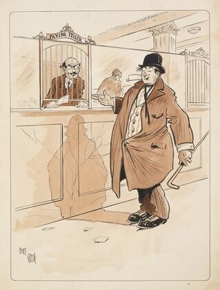 Rumpled, stout, and drunk gentleman rolls up to ‘Paying Teller’ who holds slip in his fist and looks sternly at the man (1911)