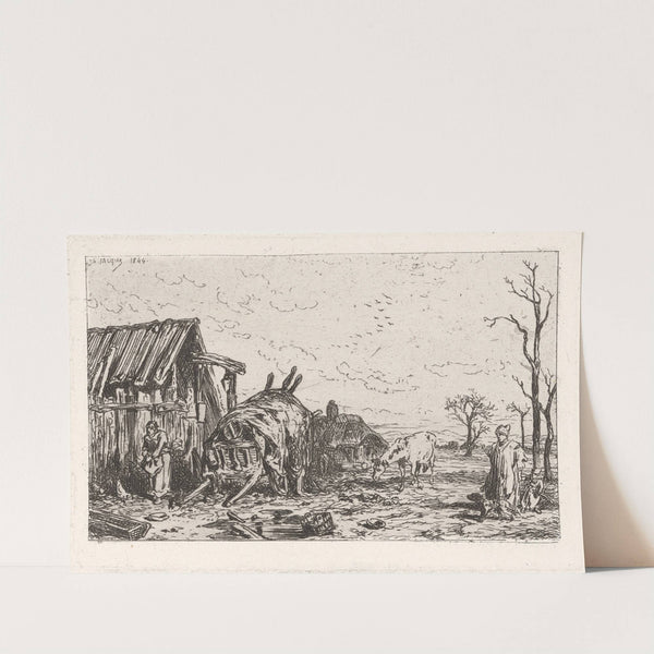 Rural farm scene with barn, cart, two farmers (1844) by Charles Emile Jacque