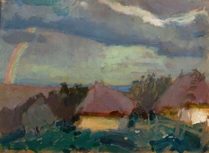 Rural landscape with a rainbow