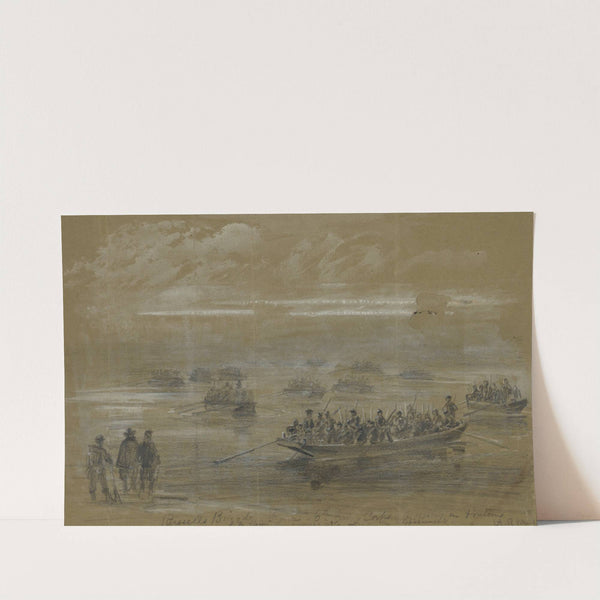 Russells Brigade, 1st div. 6th Army Corps, crossing in Pontoons to storm the enemies rifle pits on the Rappahannock by Alfred Rudolph Waud