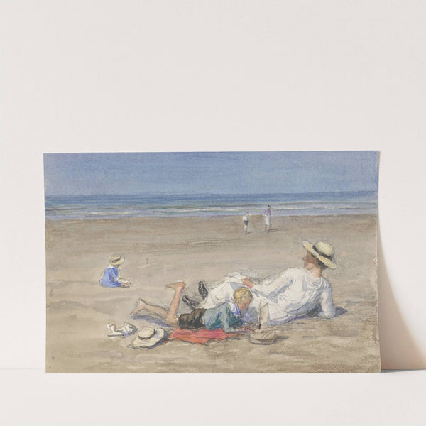 Rustend kindermeisje met twee kinderen op het strand by Johan Antonie de Jonge