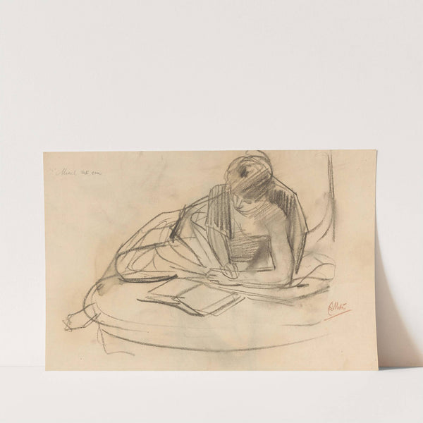 Rustend model, lezend op een sofa by August Allebé