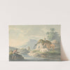 Rustic Scene: man fishing, left: cottage with water-mill and horses right by Peter La Cave