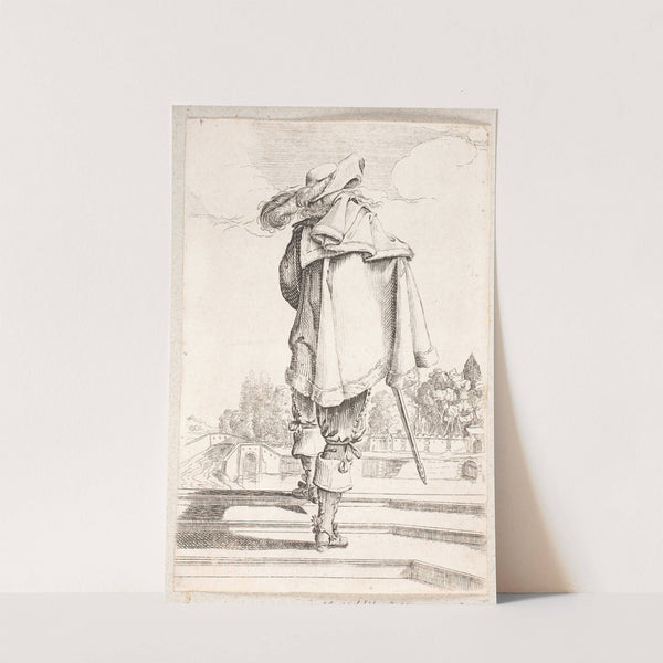 Rygvendt mand på vej op ad trappe med tre trin by Salomon Savery