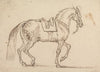 Saddled Horse, with a Crest Branded on His Flank, Walking to Right