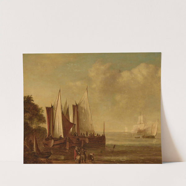 Sailing barges off the coast with figures standing on the shore by Lieve Pietersz. Verschuier